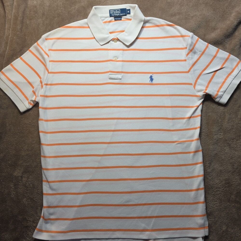 Polo Ralph Lauren Mens M Orange White Striped Short Sleeve Polo Shirt Cotton